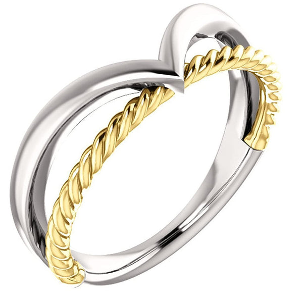 Negative Space Rope Trim and Curved 'V' Ring, Rhodium-Plated 14k White and Yellow Gold, Size 6.75