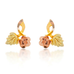 Rose with Leaf Earrings, 10k Yellow Gold, 12k Green and Rose Gold Black Hills Gold Motif