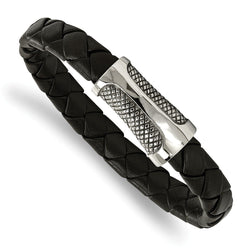 Men's Polished Stainless Steel Black Leather Textured Bracelet, 8.5"