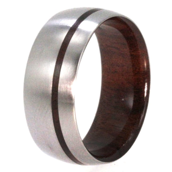 Bolivian Rosewood Sleeve and Pinstripe 8mm Comfort Fit Brushed Titanium Band, Size 4.5