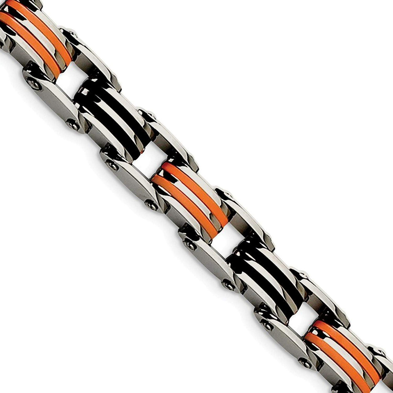 Men's Polished Stainless Steel 9mm Black and Orange Rubber Bracelet, 8.75"