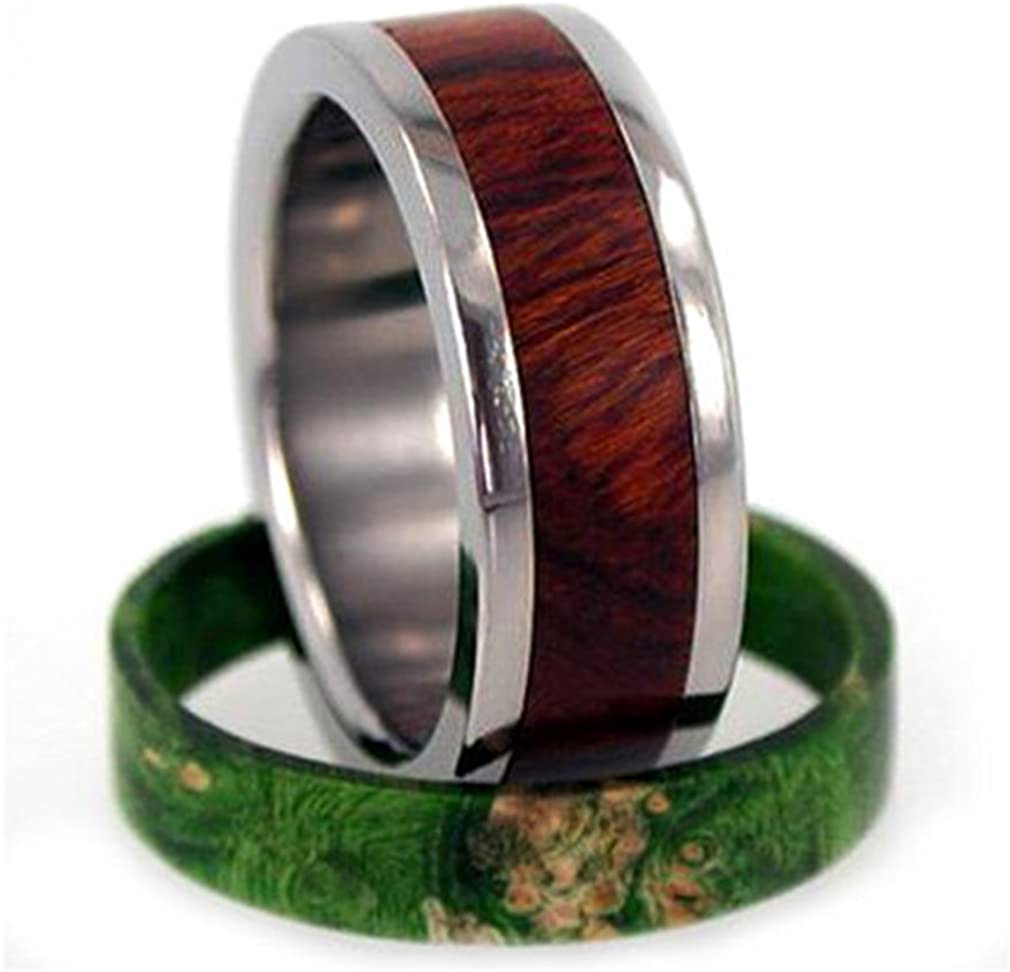 Interchanging Band: Green Box Elder Burl or Ironwood 9mm Comfort-Fit Titanium Band, Size 15.75