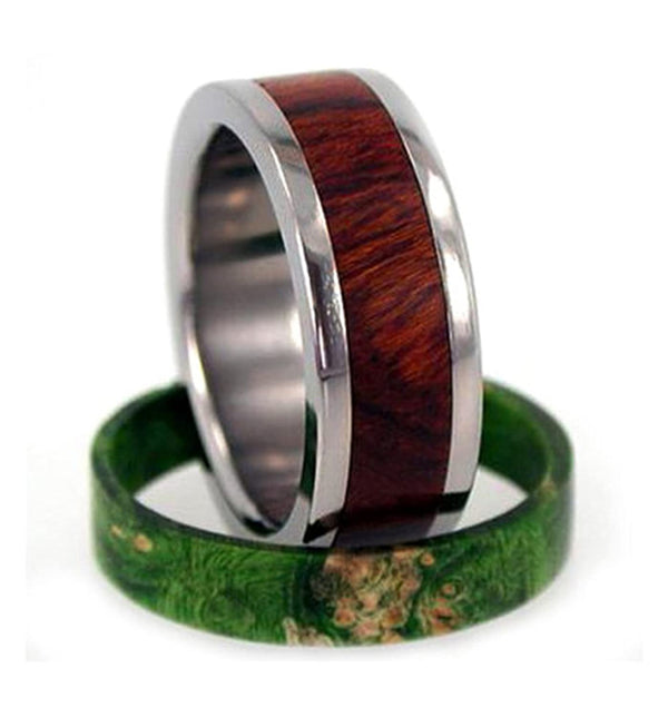 Two Rings in One: Green Box Elder Burl or Ironwood 9mm Comfort-Fit Titanium Band, Size 13