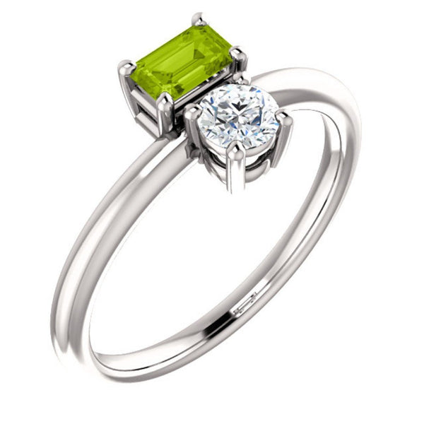 Peridot and Sapphire Two-Stone Ring, Rhodium-Plated 14k White Gold, Size 7