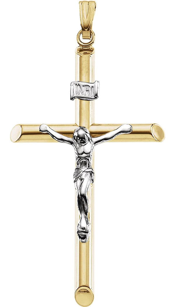 Two-Tone Cylindrical Hollow Crucifix 14k Yellow and White Gold Pendant (32X19MM)