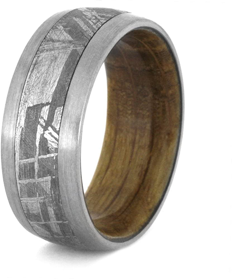 Whiskey Barrel Oak Wood, Gibeon Meteorite 9mm Comfort-Fit Brushed Titanium Band, Size 14