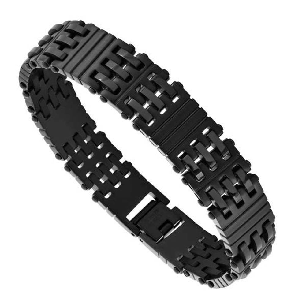 Men's Black Ion Plated and Matte Finish Link Bracelet, Stainless Steel, 8.5"