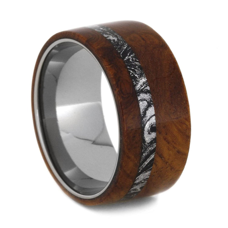 Amboyna Burl, Black and White Mokume Gane 9.5mm Comfort-Fit Titanium Wedding Band, Size 13.75