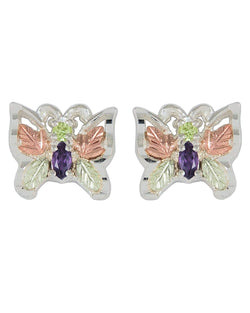 Peridot and Amethyst Butterfly Earrings, Sterling Silver, 12k Rose and Green Gold Black Hills Gold Motif