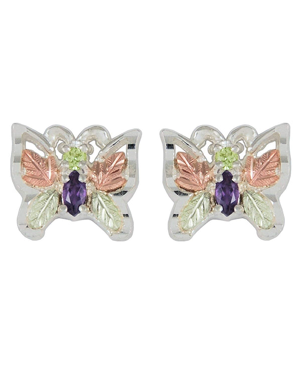 Peridot and Amethyst Butterfly Earrings, Sterling Silver, 12k Rose and Green Gold Black Hills Gold Motif