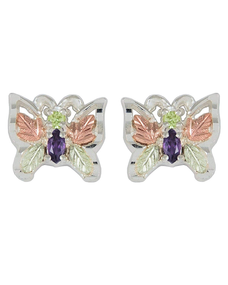 Peridot and Amethyst Butterfly Earrings, Sterling Silver, 12k Rose and Green Gold Black Hills Gold Motif