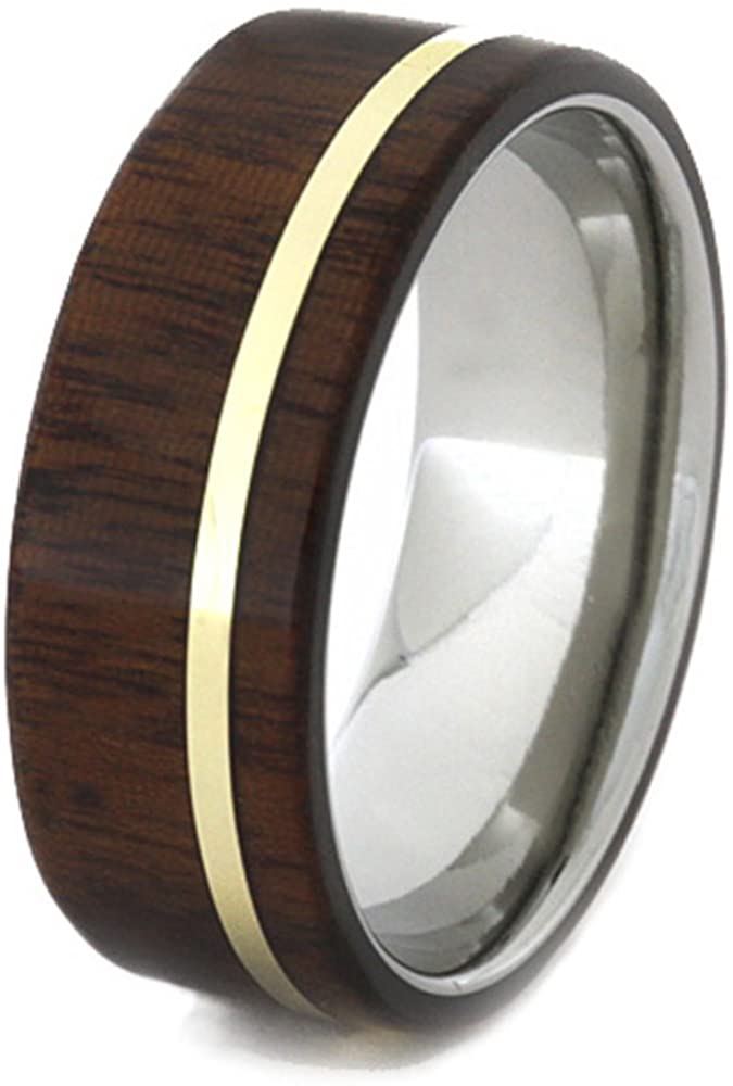 Ipe Wood, 14k Yellow Gold Pinstripe 8mm Comfort-Fit Matte Titanium Ring, Size 13.75