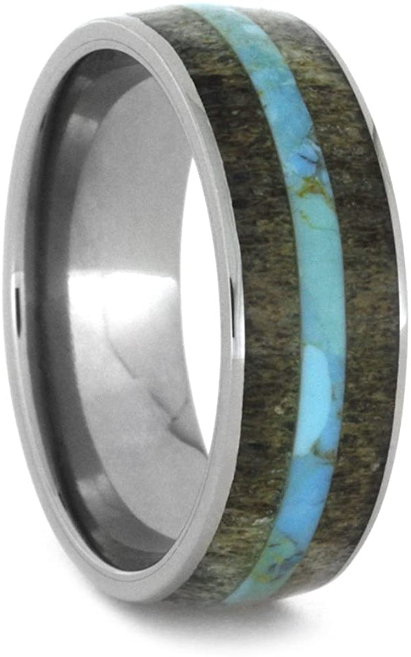 Deer Antler, Turquoise Inlay 8mm Comfort-Fit Titanium Wedding Band, Size 7.5