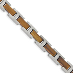 Men's Brushed Stainless Steel 8.9mm Tiger's Eye Link Bracelet, 8.5"