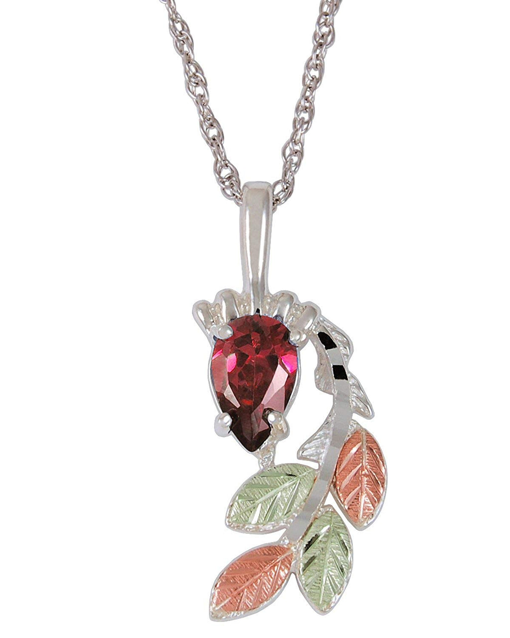 Garnet Pear Pendant Necklace, Sterling Silver, 12k Green and Rose Gold Black Hills Gold Motif, 18''