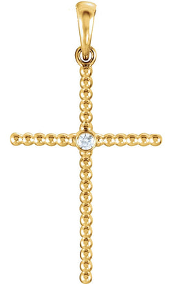 Diamond Beaded Cross 14k Yellow Gold Pendant (.03 Ct, G-H Color, I1 Clarity)