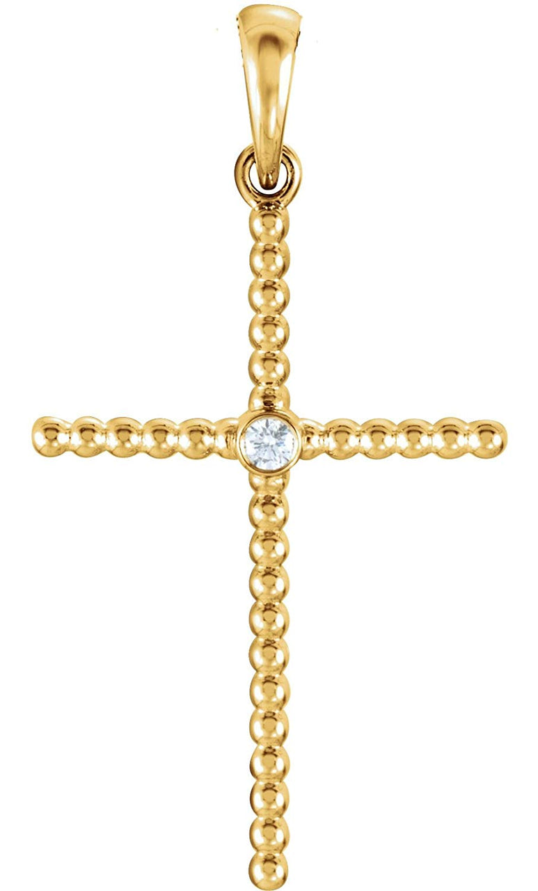 Diamond Beaded Cross 14k Yellow Gold Pendant (.03 Ct, G-H Color, I1 Clarity)