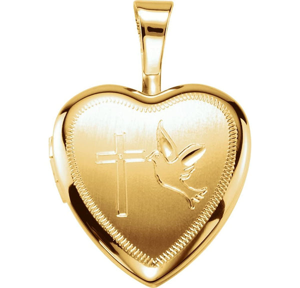 14k Yellow Gold Plated Sterling Silver Dove and Cross Heart Locket Pendant