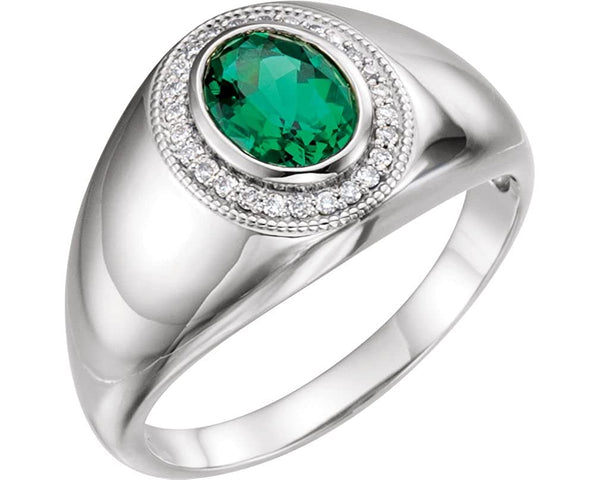 Men's Chatham Created Emerald and Diamond Ring, Rhodium-Plated 14k White Gold (.125 Ctw, G-H Color, I1 Clarity) Size 11.75