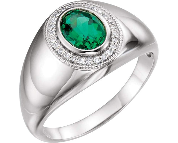 Men's Chatham Created Emerald and Diamond Ring, Rhodium-Plated 14k White Gold (.125 Ctw, G-H Color, I1 Clarity)