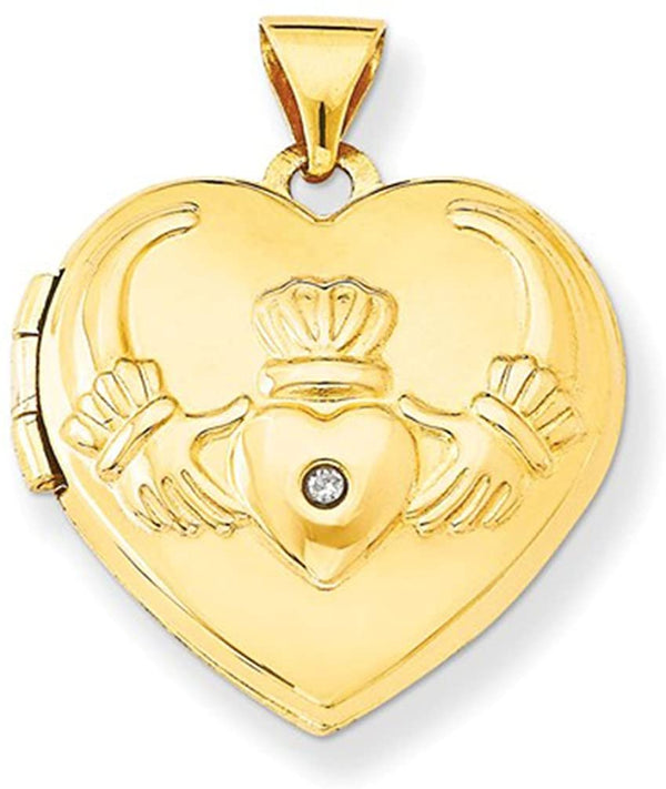 14k Yellow Gold Claddagh Diamond Heart Locket