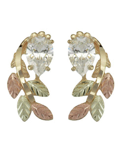 CZ Pear Inlaid Leaf Earrings, 10k Yellow Gold, 12k Rose and Green Gold Black Hills Gold Motif