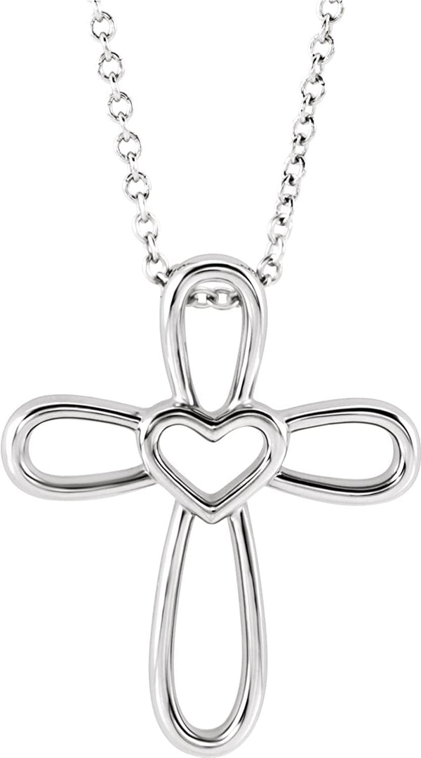 Open Heart Cross Rhodium-Plated 14k White Gold Pendent Necklace 16" and 18" (20.35X4.25 MM)