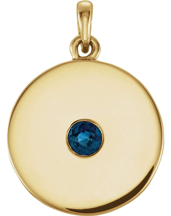 Round Blue Sapphire Disc Pendant, 14k Yellow Gold