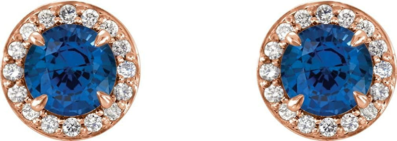 Chatham Created Blue Sapphire and Diamond Earrings, 14k Rose Gold (5 MM) (.16 Ctw, G-H Color, I1 Clarity)