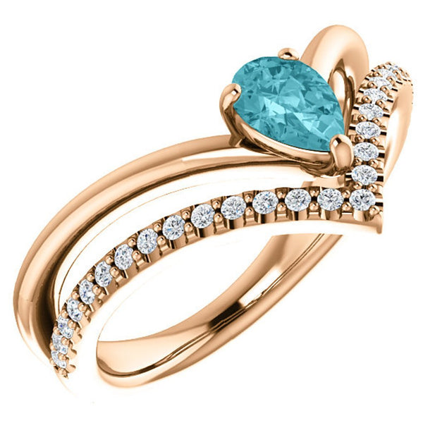 Blue Zircon Pear and Diamond Chevron 14k Rose Gold Ring (.145 Ctw, G-H Color, I1 Clarity)