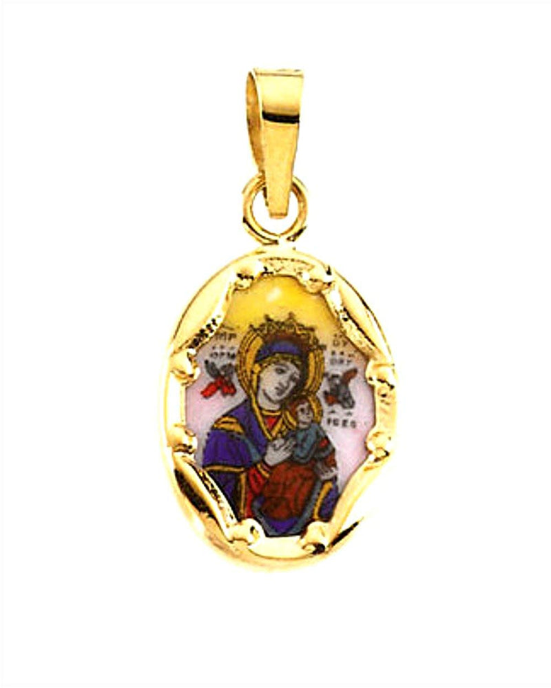 14k Yellow Gold Our Lady of Perpetual Help Hand-Painted Porcelain Medal (17x13.5 MM)