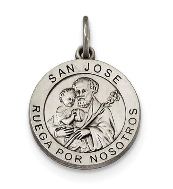 Sterling Silver Satin Antiqued Spanish St. Joseph Medal Pendant (21X19MM)