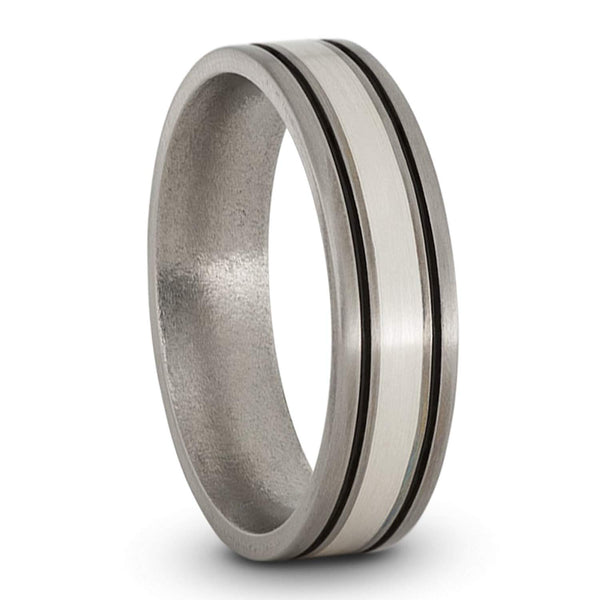 Satin Brushed Titanium, Sterling Silver and Black Pinstripes 6mm Comfort-Fit Dome Wedding Band