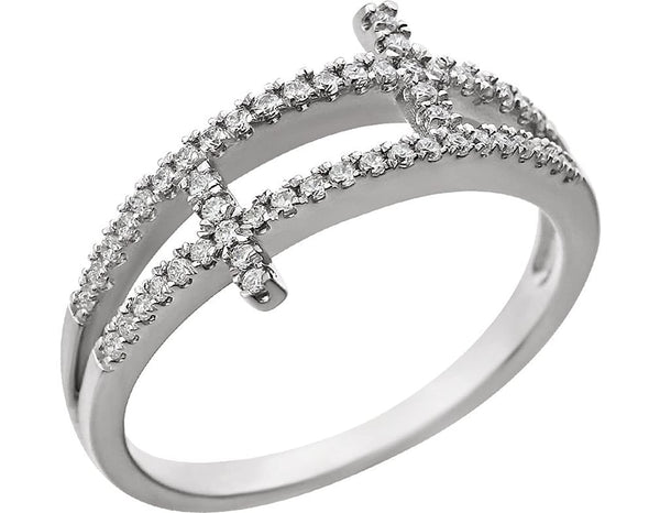 CZ Sideways Double Cross Rhodium Plate Sterling Silver Ring