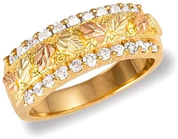 Diamond with Leaves Ring, 10k Yellow Gold, 12k Green and Rose Gold Black Hills Gold Motif, Size 9.75
