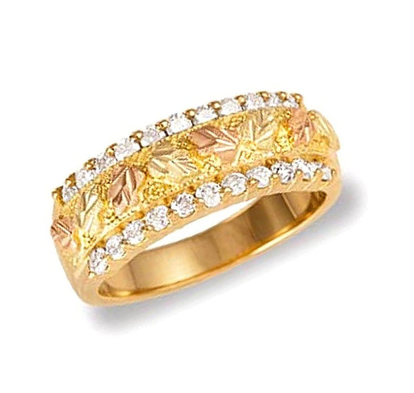 Diamond with Leaves Ring, 10k Yellow Gold, 12k Green and Rose Gold Black Hills Gold Motif (.5 Ctw)