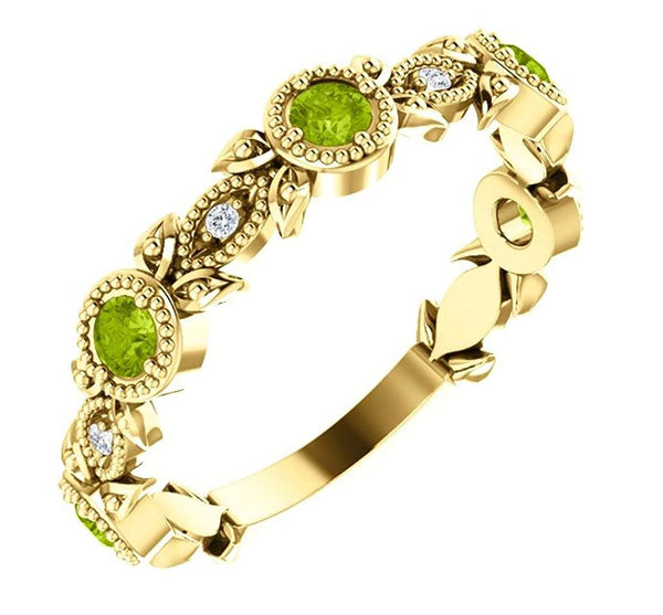 Peridot and Diamond Vintage-Style Ring , 14k Yellow Gold (0.03 Ctw, G-H Color, I1 Clarity)