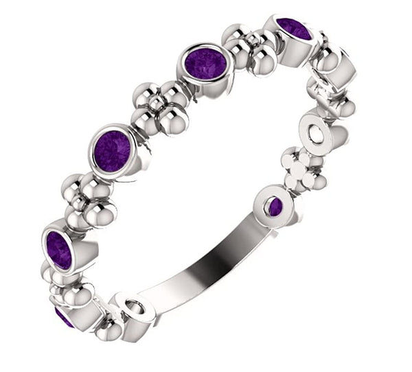 Genuine Amethyst Beaded Ring, Rhodium-Plated Sterling Silver