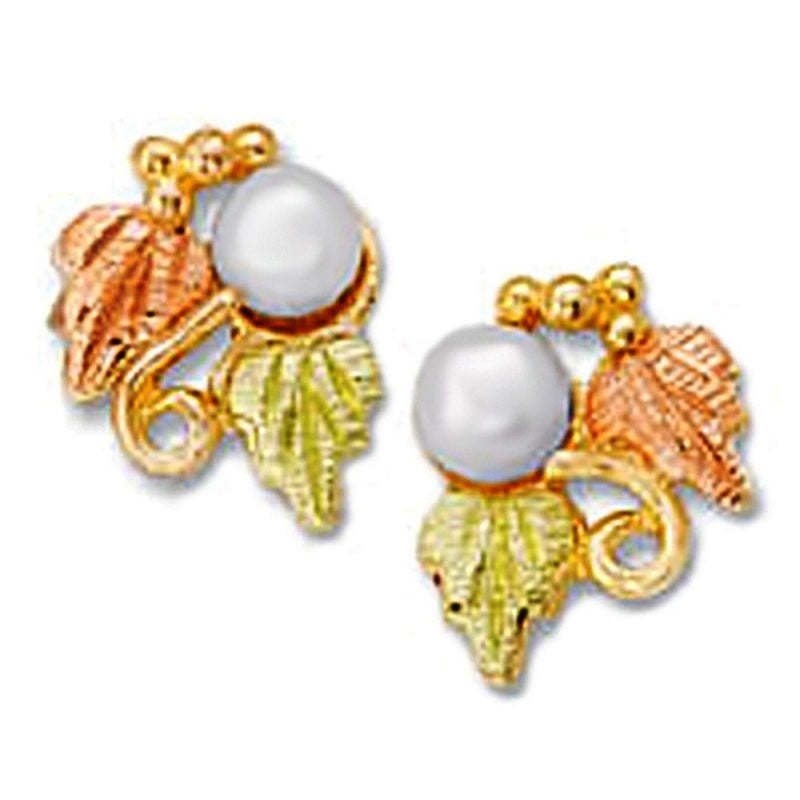 White Cultured Pearl Leaf Stud Earrings, 10k Yellow Gold, 12k Green and Rose Gold Black Hills Gold Motif (4-4.5MM)