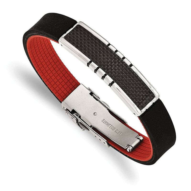 Men's Polished Stainless Steel Carbon Fiber Inlay Black and Red Rubber ID Bracelet, 8.5"