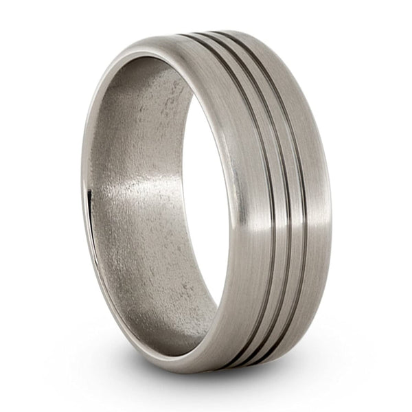 Satin Titanium Triple Grooved 8mm Comfort Fit Pipe Edge Wedding Band