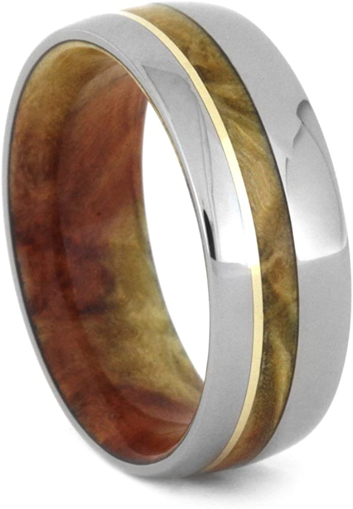 Titanium, 14k Yellow Gold Stripe, Comfort-Fit Flame Box Elder Burl Wood Band, Couples Wedding Rings, M 12.5-F6