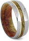 Titanium, 14k Yellow Gold Stripe, Comfort-Fit Flame Box Elder Burl Wood Band, Couples Wedding Rings, M 10.5-F8.5