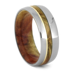 Flame Box Elder Burl, 14k Yellow Gold 8mm Comfort-Fit Titanium Wedding Band