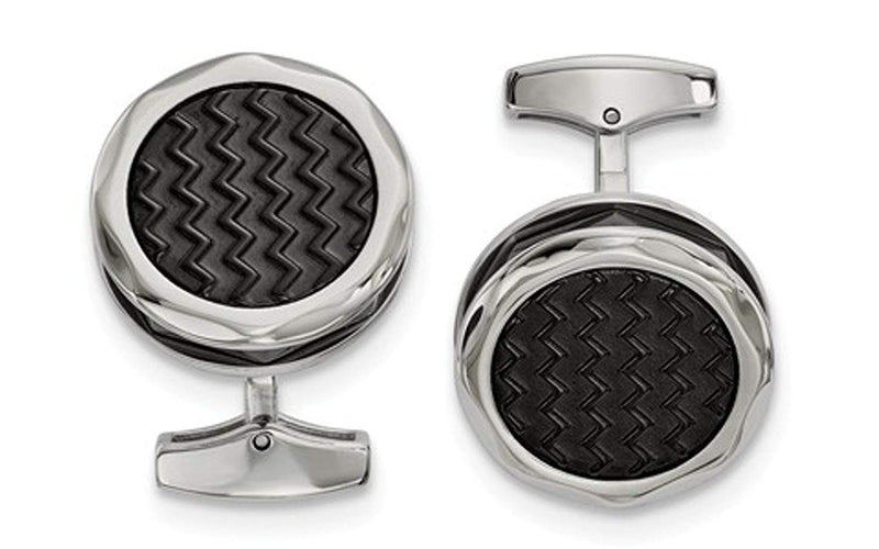 Stainless Steel Zig Zag Black IP-Plated Round Cuff Links, 23.67x13.05MM