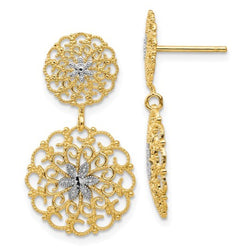 Rhodium-Plated 14k Yellow Gold Diamond-Cut Filigree Medallion Drop Post Earrings (27x14MM)