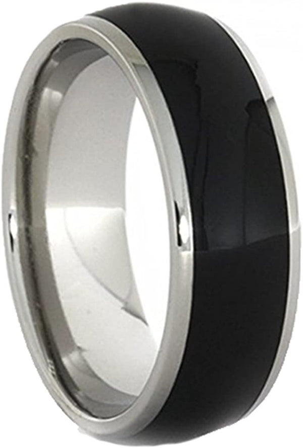 Ebony Wood Inlay 8mm Comfort-Fit Polished Titanium Ring, Size 12.5