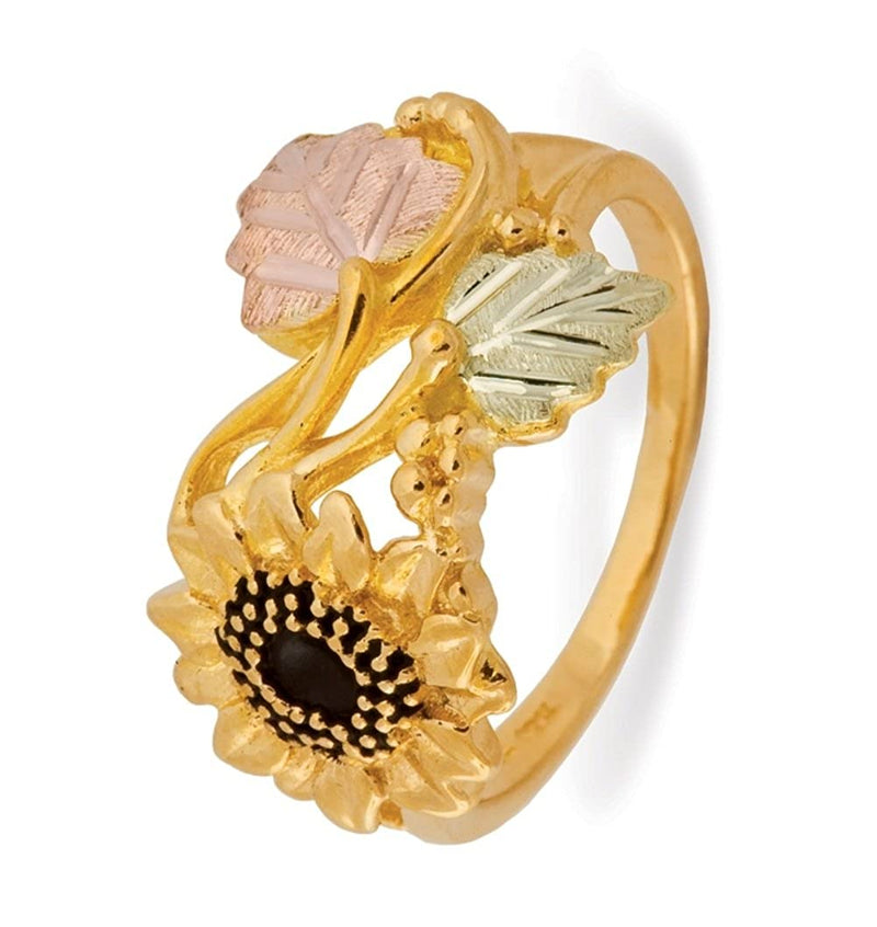 Ave 369 Antiqued Sunflower Ring, 10k Yellow Gold, 12k Green and Rose Gold Black Hills Gold Motif
