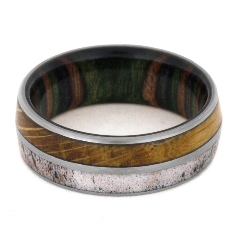 Deer Antler, Whiskey Barrel Oak Wood, Matte Titanium 8mm Comfort-Fit Dymondwood Band