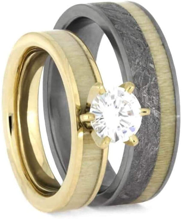 His and Hers Gibeon Meteorite, Aspen Wood Titanium Band and 10k White Gold Forever One Moissanite Aspen Wood Ring Sizes M8.5-F7